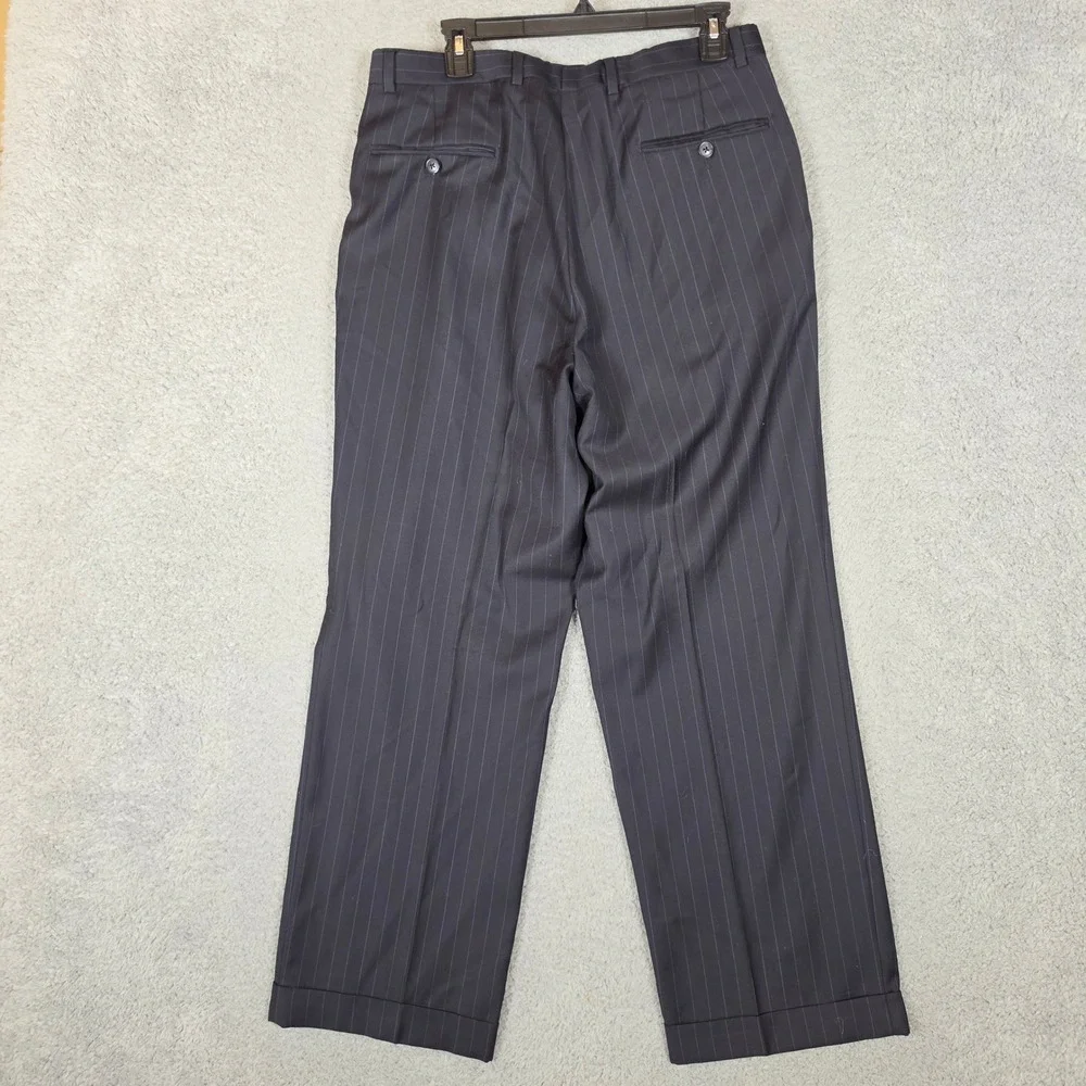Savile Row Suit Men 40R W34 Navy Blue Two Pieces Pinstripe Pleated Cuffed Wool